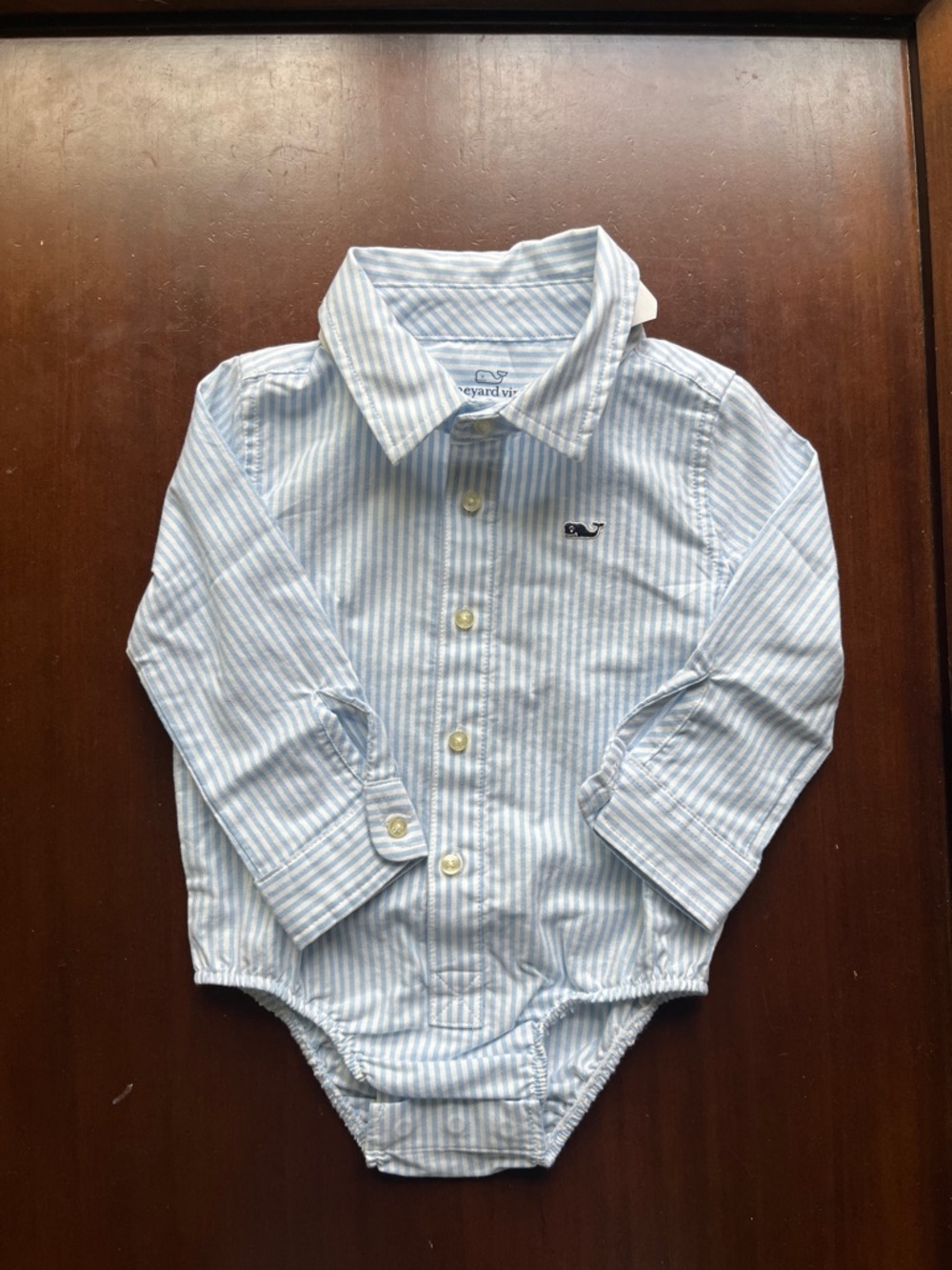 Vineyard Vines Light Blue & White Striped Button-Up Baby Onesie